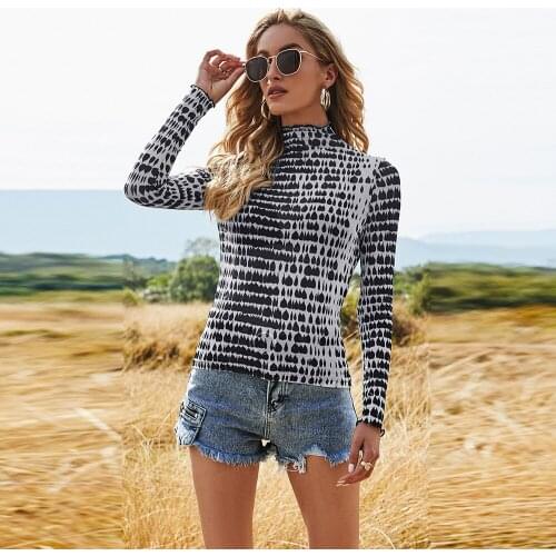 Sexy See Through Print T-shirts Women Autumn New Turtleneck Slim Stretchy Bottoming Pullovers Female Long Sleeve Mesh Tee Shirts