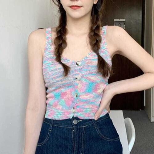 Women Button Down Camisole Tie Dye Print Sleeveless Spaghetti Strap Knit Crop Knitted Cami Tops Vintage Casual Y2K Fashion