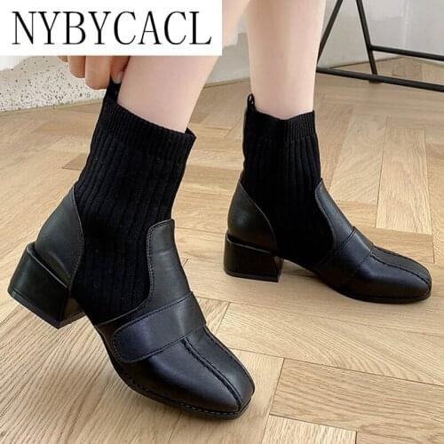 2021 Autumn New Fashion Platform Pu Leather Womens Short Boots Square Toe Mid-heel Stitching Elastic Womens Ankle Casual Boots