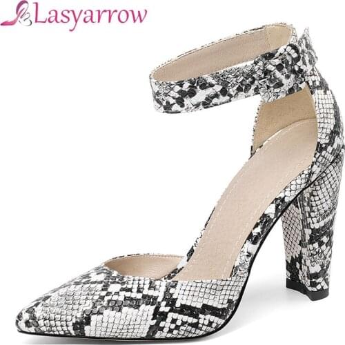 Lasyarrow Snake Skin High Heels Shoes Women Ladies Plus Size 46 Ankle Wrap Buckled Pumps Woman Female Party Shoes D'orsay Pumps