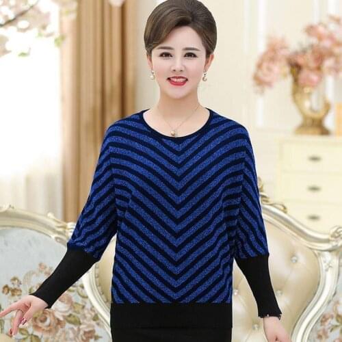 Women 2021 Spring Autumn Fashion Middle-aged Knitted Pullovers Female O-neck Striped Sweater Ladies Loose Warm Jumpers M424
