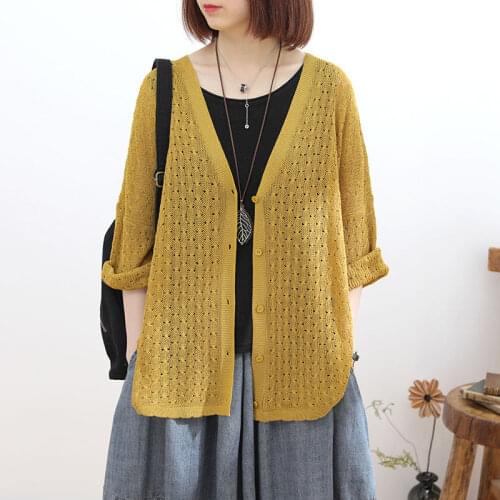 Women Hollow Out V-neck Three Quarter Sleeve Shawl Sweater Air-conditioned Shirt Summer Female Loose Thin Knitted Cardigans L602