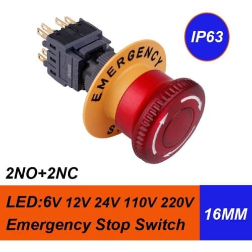 1pcs packing sale dia.16mm emergency stop switch 2NO+2NC 8pins mushroom head with led 24V shipping free