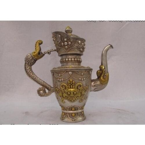 10 inch Tibet White Copper Silver Gild Garuda Dragon Head Flagon wine pot Teapot