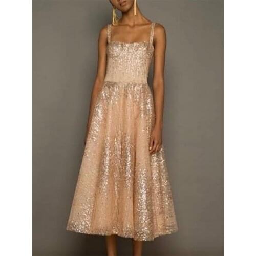 314 Silver/Golden Straps A-Line Tea-Length Bling Lace Long Evening Dresses/Women Party/Prom Celebrate Gowns Free Shipping