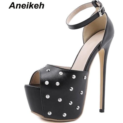 Aneikeh 2021NEW Rivet Platform PU Head Peep Toe Ankle-Wrap Stiletto Heels Sandals Sandalias De Las Mujeres Buckle Party Novelty