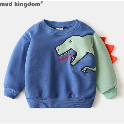 Mudkingdom Boy Cartoon Sweatshirts Patch Designs Dinosaur Patchwork Crew Neck Casual Tops for Kids Long Sleeve Autumn Clothes
