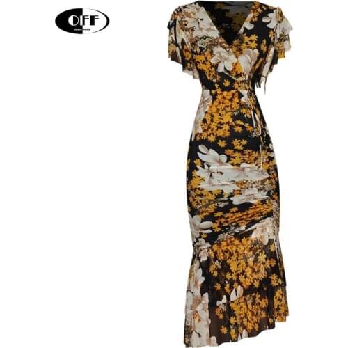 Designer V-neck Butterfly Sleeve Lace Up Midi Dress Summer Elegant Floral Bodycon Irregular Ruffles Festival Mesh Slinky Dress