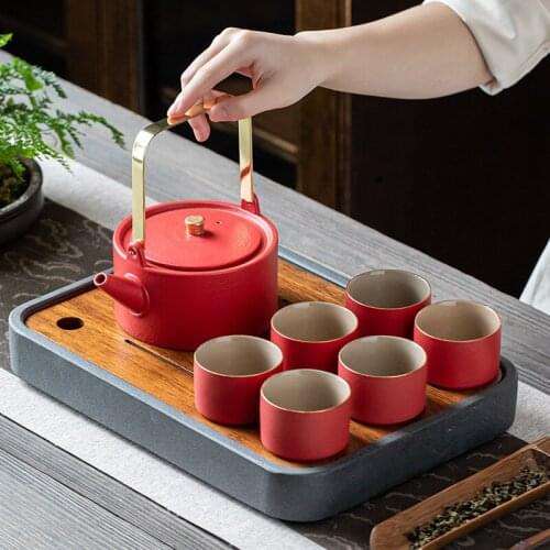 Home black pottery large capacity teapot kungfu tea set gift box ceramic tea set invisible coffee cup