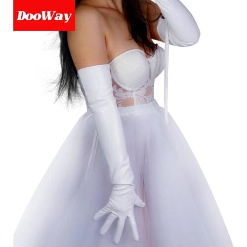 DooWay Women Opera Length Zipper Gloves Faux Leather Long Tassel White 24 inches