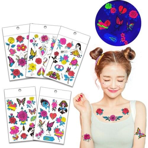 Fluorescent Temporary Tattoo Mermaid Sticker Butterfly Flower Face Pasters Arm Tattoo Flower Stickers Fake Tattoo Sticker