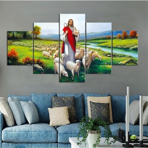 Jesus and The Flock Canvas Painting 5 Pieces Wall Art Hd Print Poster for Living Room Bedroom Home Decorative Wall Picture