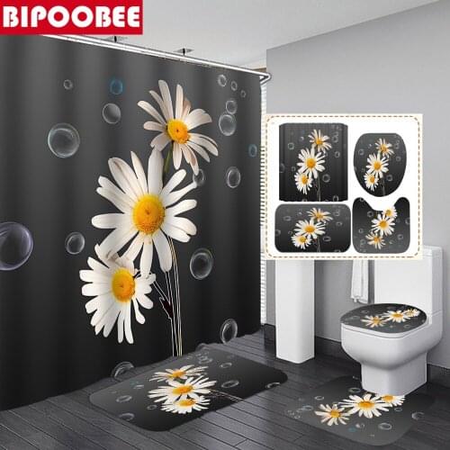 Beautiful Bubble Flowers Shower Curtain Fabric Waterproof Polyester Bathroom Curtains Non-Slip Rugs Toilet Cover and Bath Mat
