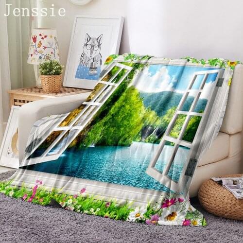 Beautiful Sea View Flower Street Waterfall Flannel Blanket for Sofa Bed Scenery 3D Print Soft Warm Blanket Plush Throw Blanket