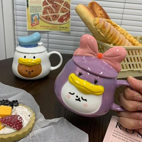 Creative Cartoon Cup Mug with Lid Spoon Girls Cute Cartoon Cup Ceramic Cup Milk Coffee Cup Creative Couple Home