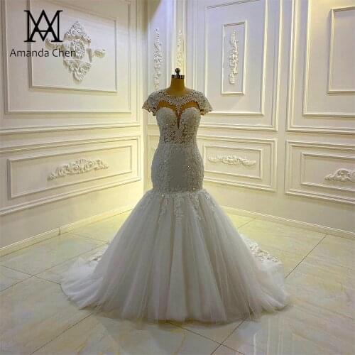 Short Sleeve Lace Appliques See Through Mermaid Wedding Dress