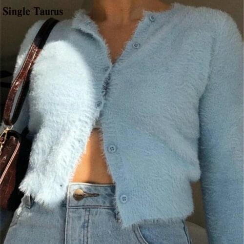 Fashion Mohair Sweater Female 2020 Autumn Winter Long Sleeve Single Buttons Cardigan Womens Streetwear Korean Cropped Cardigan