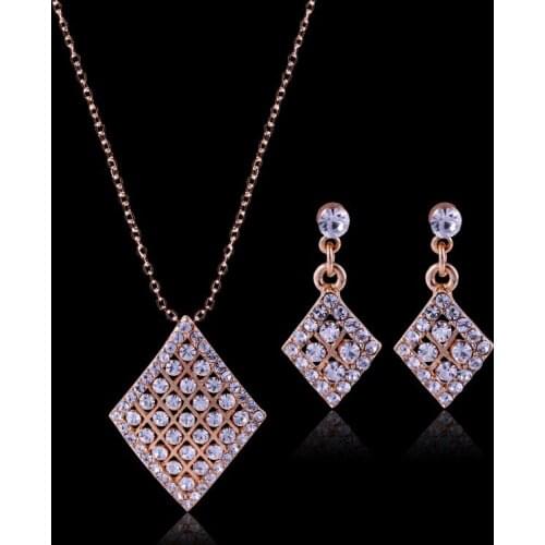 Classic Rhinestone Inlaid Geometric Square Rhombus Pendent Earrings Necklace Set Korean Neck Ear Jewelry Sets for Women Girls