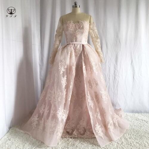 New Arrival Light Pink Illussion O Neck Appliqued Lace Long Sleeve Mermaid Evening Dresses with Overskirt