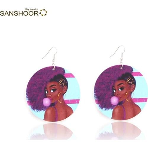 SANSHOOR New Arrival African Natural Hair Yong Lady Chewing Gum Bubble Girl Wooden Printed Earrings 1 Pair