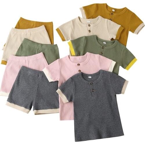 FOCUSNORM 2pcs Infant Kids Girls Boys Clothes Sets Solid Pocket Short Sleeve T Shirts Tops Shorts 5 Colors