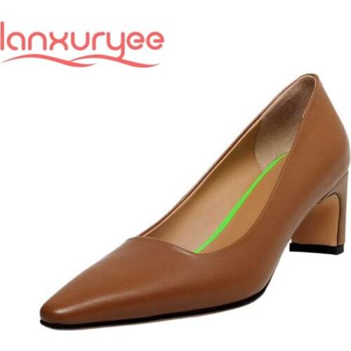 Lanxuryee European style genuine leather small square toe high heels brand shoes simple design solid fashion hot women pumps L18