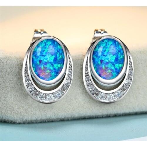 Vintage Hollow Oval Stud Earrings Cute Female White Blue Opal Stone Earrings Charm Silver Color Color Wedding Earrings For Women