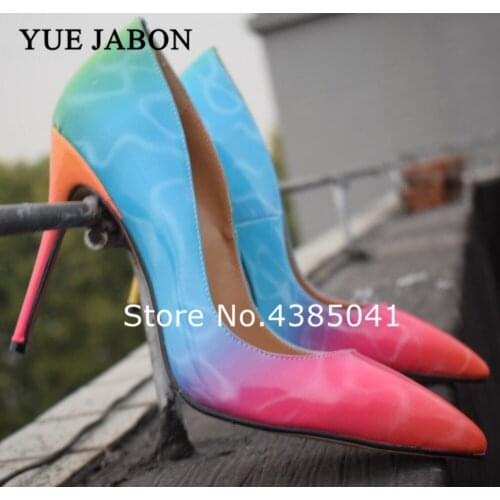 YUE JABON Colorful Rainbow Printed Pointed Toe Stiletto High Heels Woman Lady Female Party Wedding Shoes Pump Zapatos Mujer
