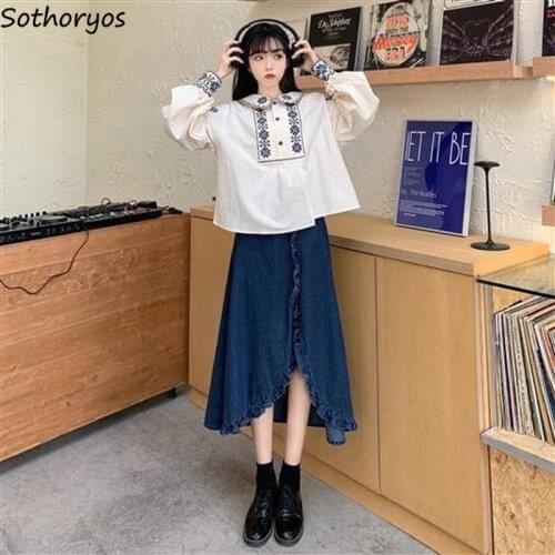 Women Sets Spring Fall Retro Fashion Elegant Tshirts Flower Printing Ruffles Slit All-match Streetwear Sweet Cute Korean Style