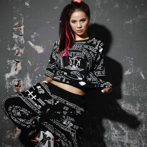 Jazz Dance Costume Women Modern Dance Clothing Stage Wear Short Sleeve Letter Hip Hop Tops Nightclub Bar Rave Outfit XS2537