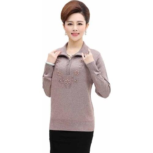 2019 Middle aged female Knit sweaters Half zipper Diamonds pullover women fashion Stand collar Long sleeve Casual sweaters G465