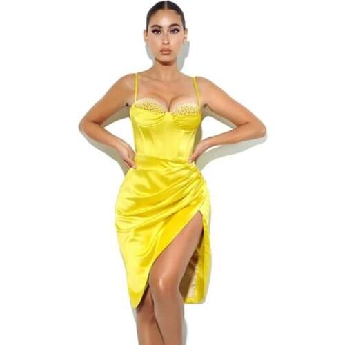 2021 Summer Diamonds Sexy Spaghetti Strap Yellow White Women Party Dress Split Femme Satin Vintage Club Vestidos Festa 70212