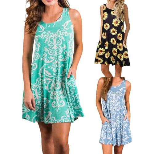 2021 Casual Women Printed Dress Ladies Retro Sleeveless Skirt Summer Wear Casual Beach Dress Comfortable Clothing Free Shipping