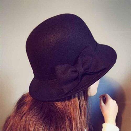 Parent-child Winter Women Solid Wool Felt Cloche Hats Kids Fedoras Vintage Bow Bucket Hats Warm Bowler Hats For Mom& Baby