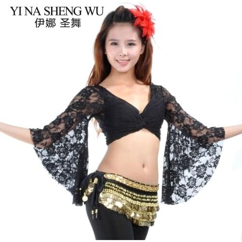 1pc Belly Dance Lace Butterfly Sleeve Top Sexy Pierced Tops Dancing Practice Women Belly Dance Top Strap Style Sexy Lace Fabric
