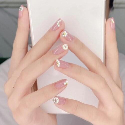 ABS 24Pcs Premium Jelly Pink Pearl Flower DIY Nail Tips Sticker with Glue Nail Art Patch Removable for Wedding