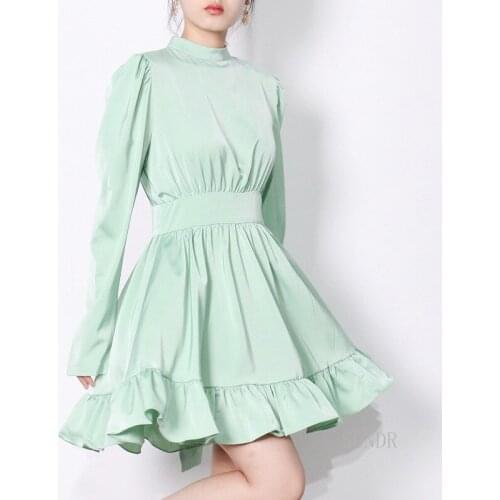 Elegant Silk Satin Dress Women Sexy Open Back Sash Stand Collar Long Sleeve Dress Ladies High Quality A Line Mini Dress Vestidos