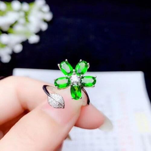 Flower Ring Diopside ring 925 sterling silver rings Natural real diopside Free shipping Fine green gems