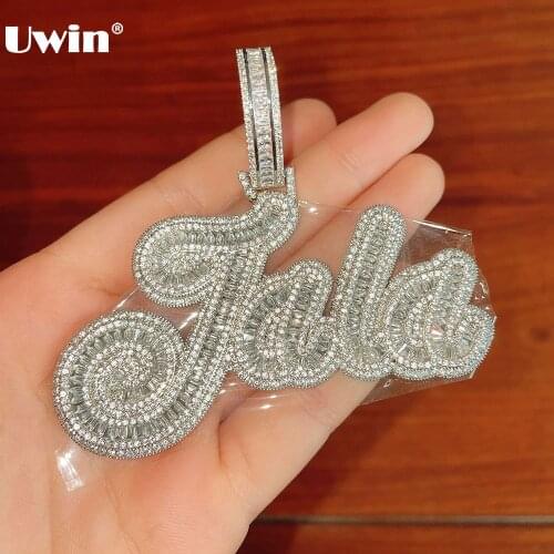 UWIN Custom Name Pendant Necklace CURSIVE Baguette Letters Full Iced Out CZ Customized Pendant For Men Hip Hop Jewelry