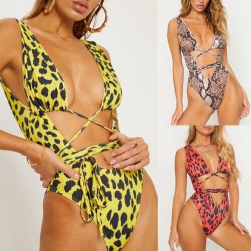 Summer New Sexy Women One Piece Serpentine Leopard Printed Monokini Bandage Bathing Suit Push Up Padded Bikini Swimsuit Swimwear