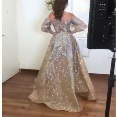 Fashion Off the Shoulder Gold Sweetheart Bling Bling Full Sleeve Prom Dresses