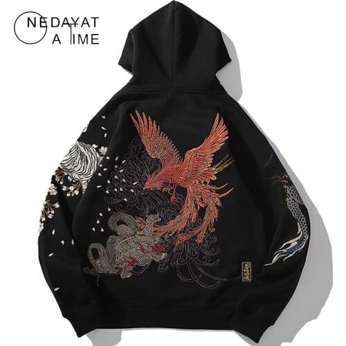 Hip Hop Streetwear Hoodie Sweatshirt 2021 Men Embroidery Dragon Phoenix Pullover Autumn Harajuku Cotton Fleece Hooded Hoodie