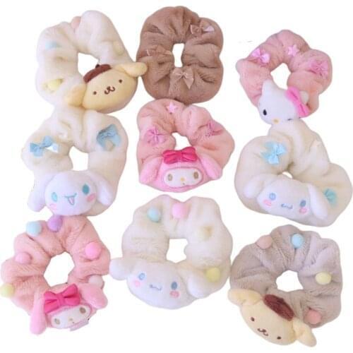Cartoon Stuffed Cinnamoroll Hello Kittys Purin Dog Mymelody Anime Plush Bowknot Hair Rope Girl Hair Band Accessory Kawali Gifts