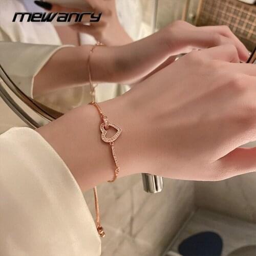 Mewanry New 925 Sterling Silver Bracelets INS Fashion Sweet Simple Zircon Hollow LOVE Heart Design Bride Jewelry Gifts for Women