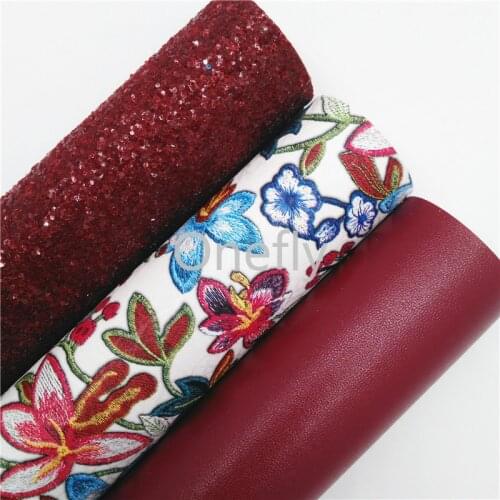 Onefly 21X29CM Wine Glitter Leather, Flowers Printed Synthetic Leather Fabric Sheets For Bow DIY handbags shoes BQ056