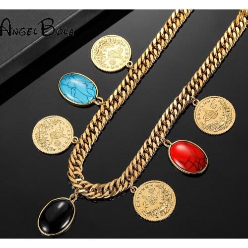 Wholesale Cuban Chain Muslim Coin Turquoise Pendant Luxury Necklace for Women Goth Jewelry