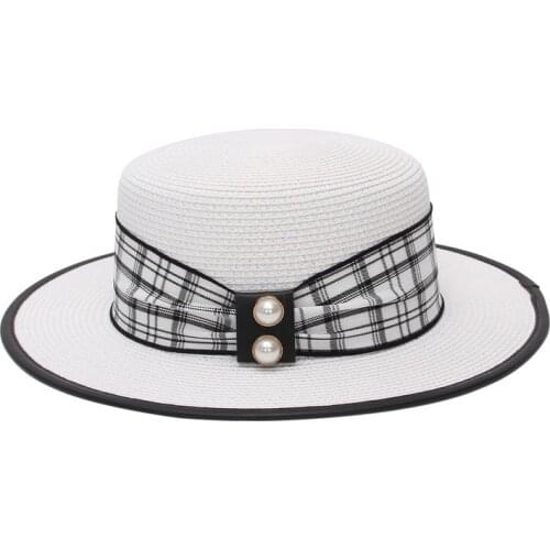 2021 Summer Pearl Straw Hat British Retro Plaid Hat Strap Female Handmade Sunshade Flat Top Panama Sun Hat Lady