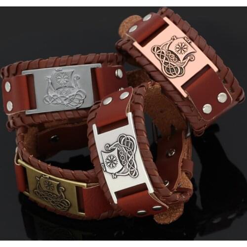 Nordic viking Dragon ship vegvisir odin leather amulet bracelet -adjustable size 19-25 cm