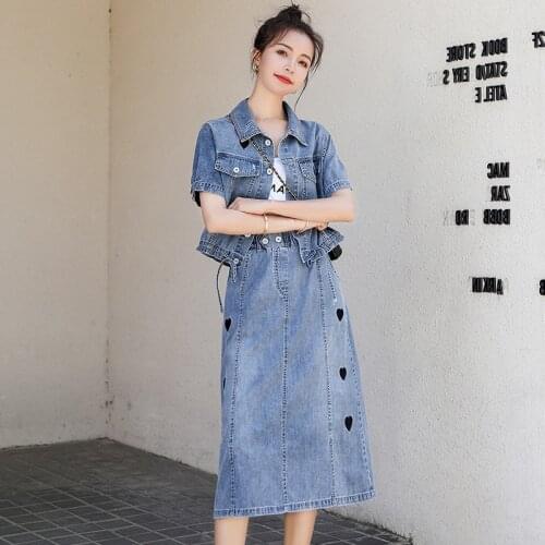 Vintage Fashion Denim Suit Women 2021 Summer Korean Buttons Short-sleeved Tops+Love Denim Skirt Female 2-piece Casual Clothing