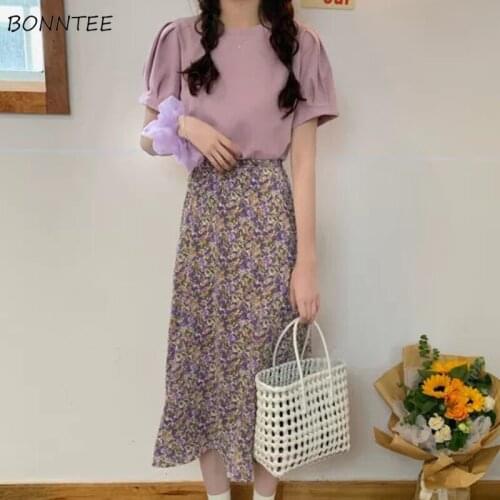 Sets Women Lovely Summer Outfit Puff Sleeve Floral Mid-calf Elegant Party Princess French Style Soft Leisure Female Two Pieces